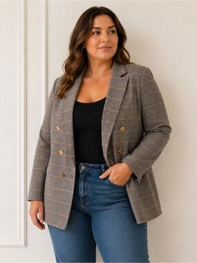 NWT Anne Klein Brown Plaid Double-Breasted Blazer